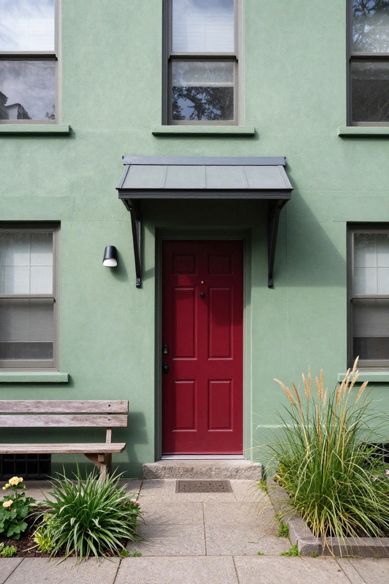 Mint green two-story house facade with double-hung windows, red paneled front door under a small metal awning, wall light, wooden bench, and ornamental grasses beside stone steps.