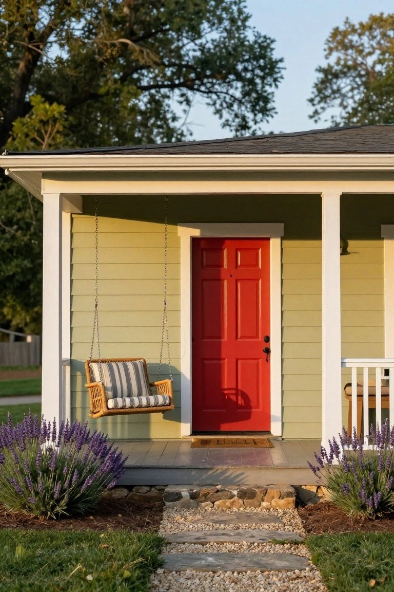 Pale green clapboard house with red six-panel front door, white porch columns, hanging wicker swing, lavender bushes, and stone path leading to the entry.