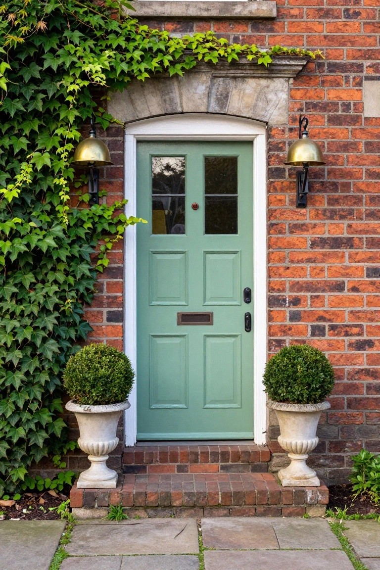 Red brick house front with sage green paneled door, white frame, brass lanterns, ivy on the wall, and matching stone urns holding round boxwood topiaries on a stone pathway.