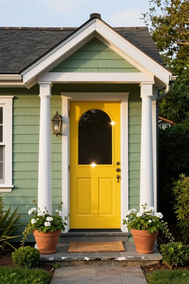Sage green house with white columns and trim around a bright yellow front door featuring an arched glass window, flanked by terracotta pots of white geraniums on stone steps with a woven doormat.