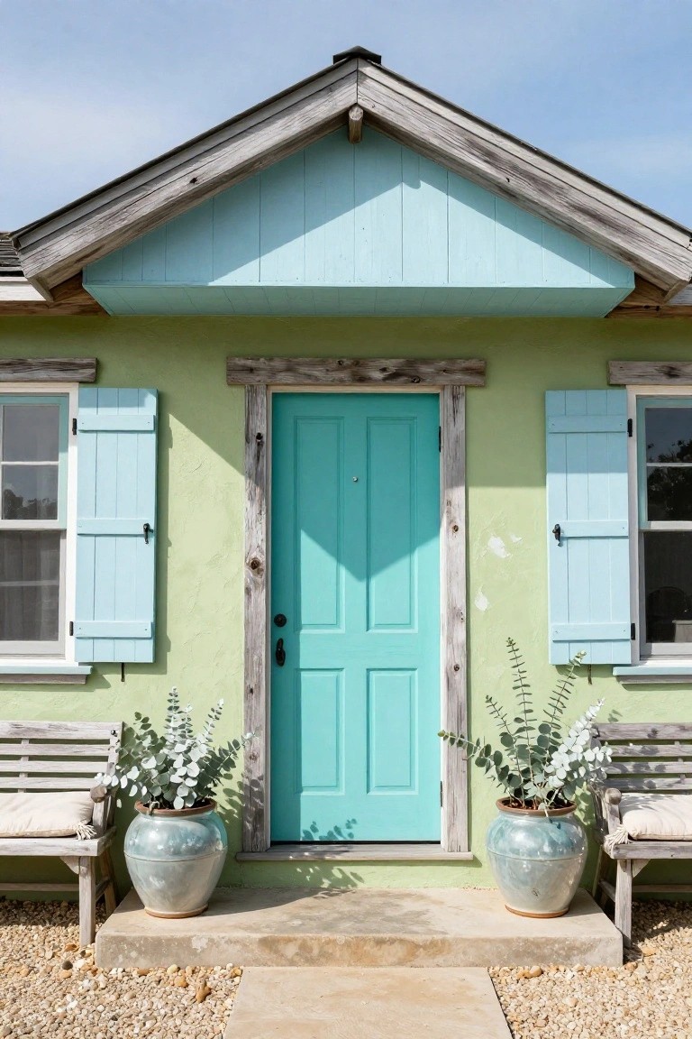 Lime green house exterior with turquoise paneled front door, light blue shutters on flanking windows, two wooden benches with large ceramic pots of eucalyptus plants on stone entry steps, gravel path in front.