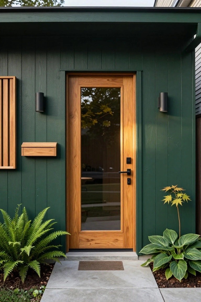 Green vertical board-and-batten siding on a small building with a tall oak wood front door featuring a large glass panel, flanked by ferns and hosta plants, black cylindrical wall lights, wooden mailbox, and concrete entry step.