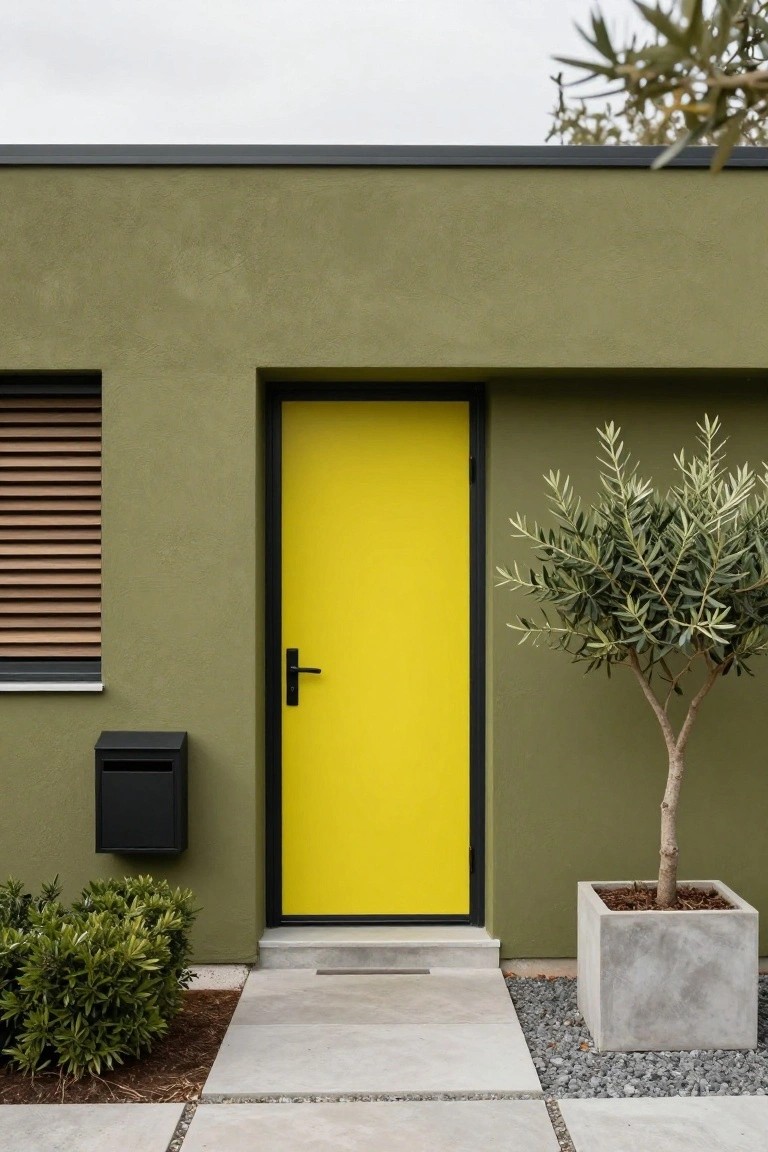 Green stucco house exterior with yellow front door in black frame, wooden slat shutters on window, black mailbox, boxwood shrubs, olive tree in concrete pot, and concrete pavers with gravel path.