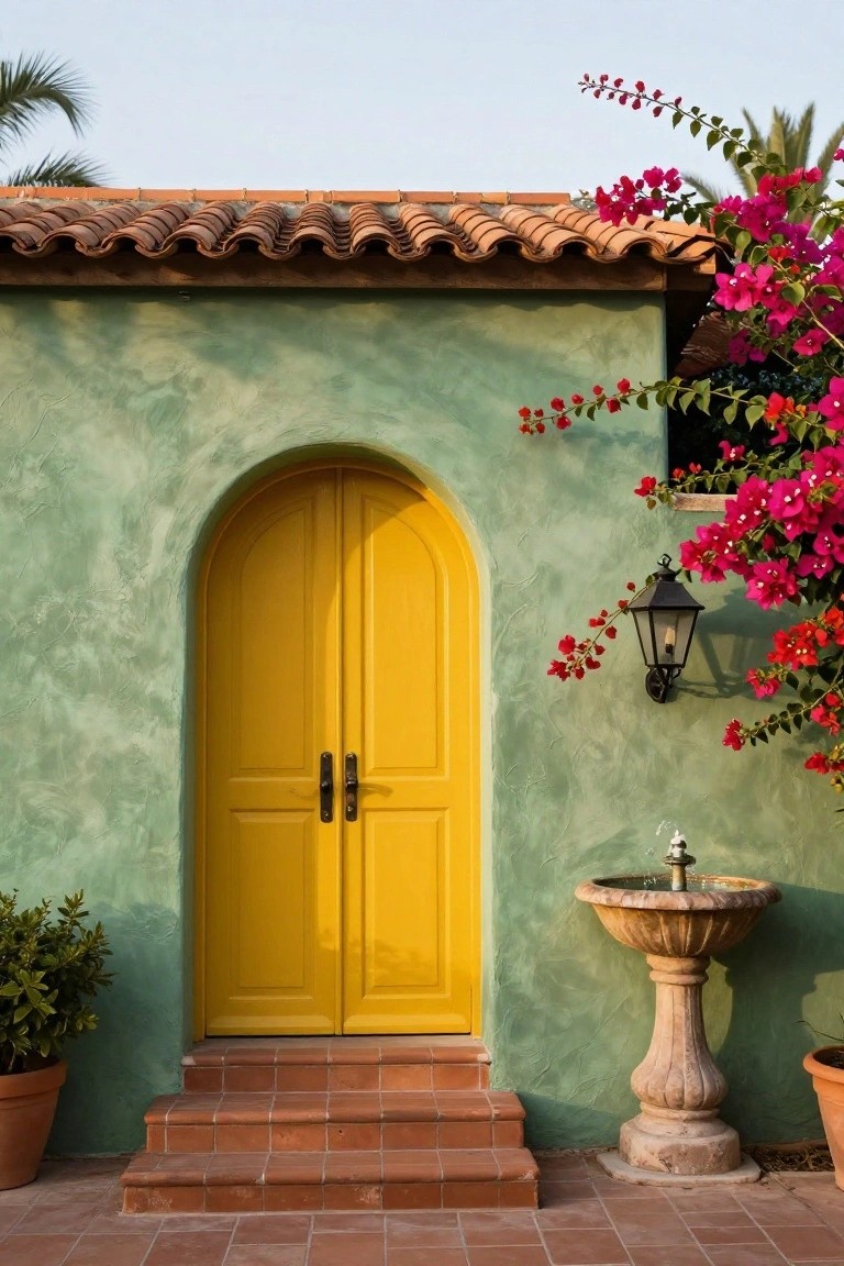 Sage green stucco wall with a tall yellow arched wooden door, pink bougainvillea vines, black metal wall lantern, stone pedestal fountain, potted plants, and terracotta tile steps leading to a tiled patio.