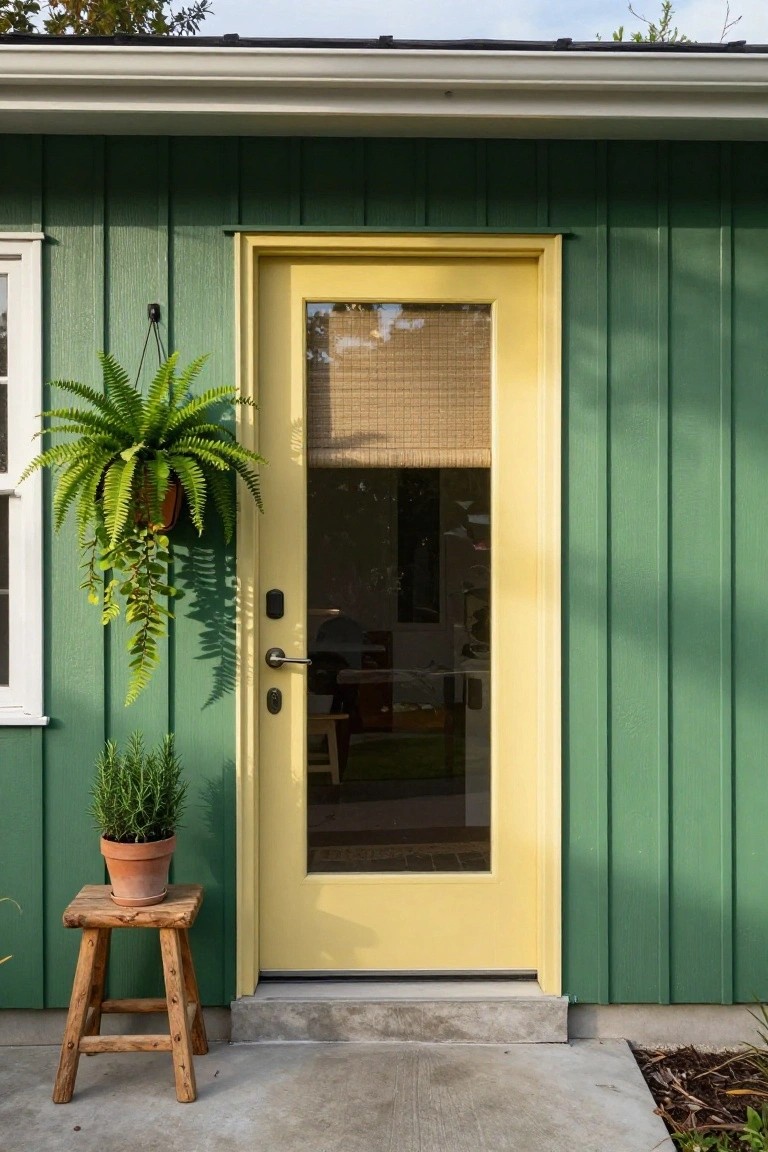 Green vertical board-and-batten siding on a house exterior with a yellow glass-paneled front door, black door hardware, a hanging fern planter to the left, potted rosemary on a wooden stool to the right, and a small white window beside the door.