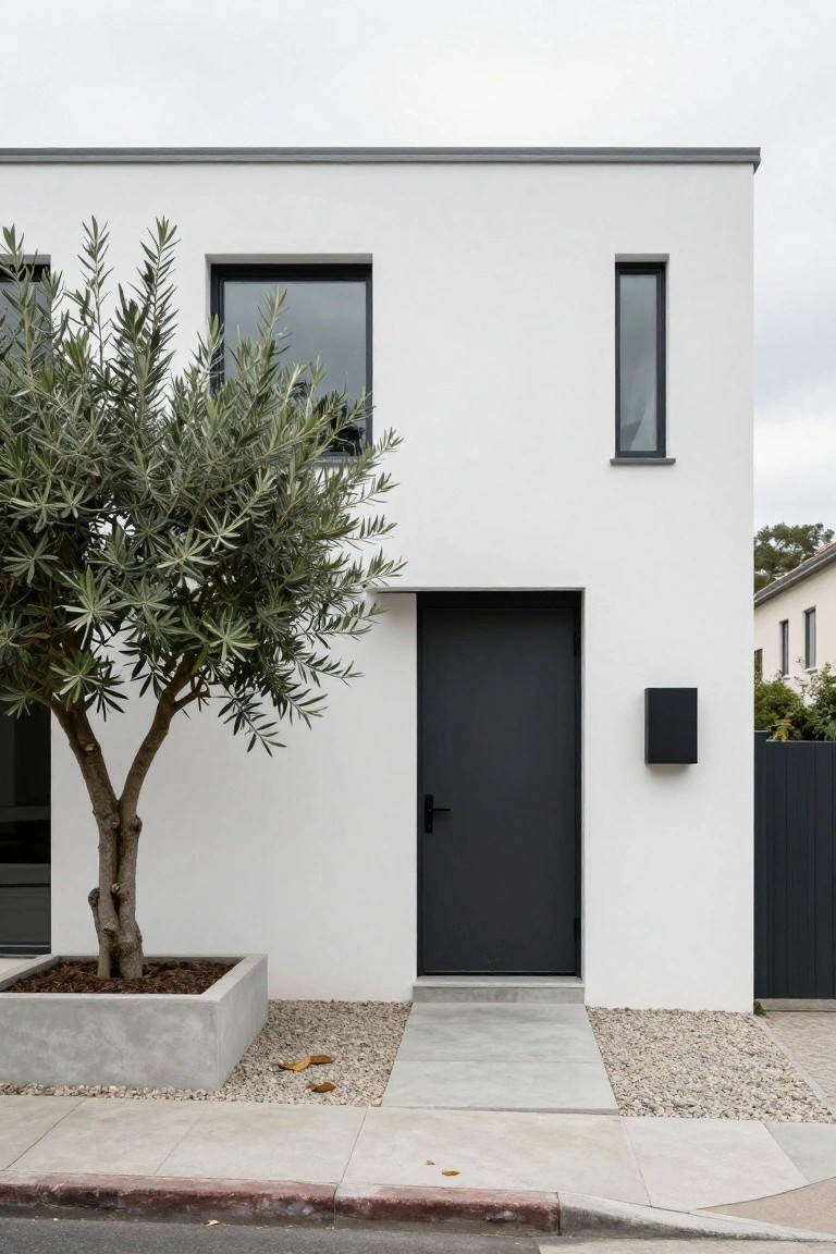 White modern house exterior with matte black front door, narrow black-framed windows, olive tree in large concrete planter, concrete entry path edged with gravel, and dark fence next door.