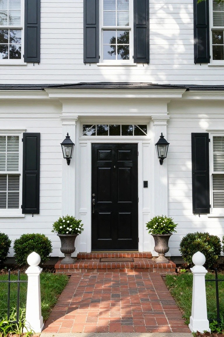White clapboard house with black front door, black shutters on windows, black lanterns flanking the door, potted plants on either side, brick steps and path, and white fence posts.