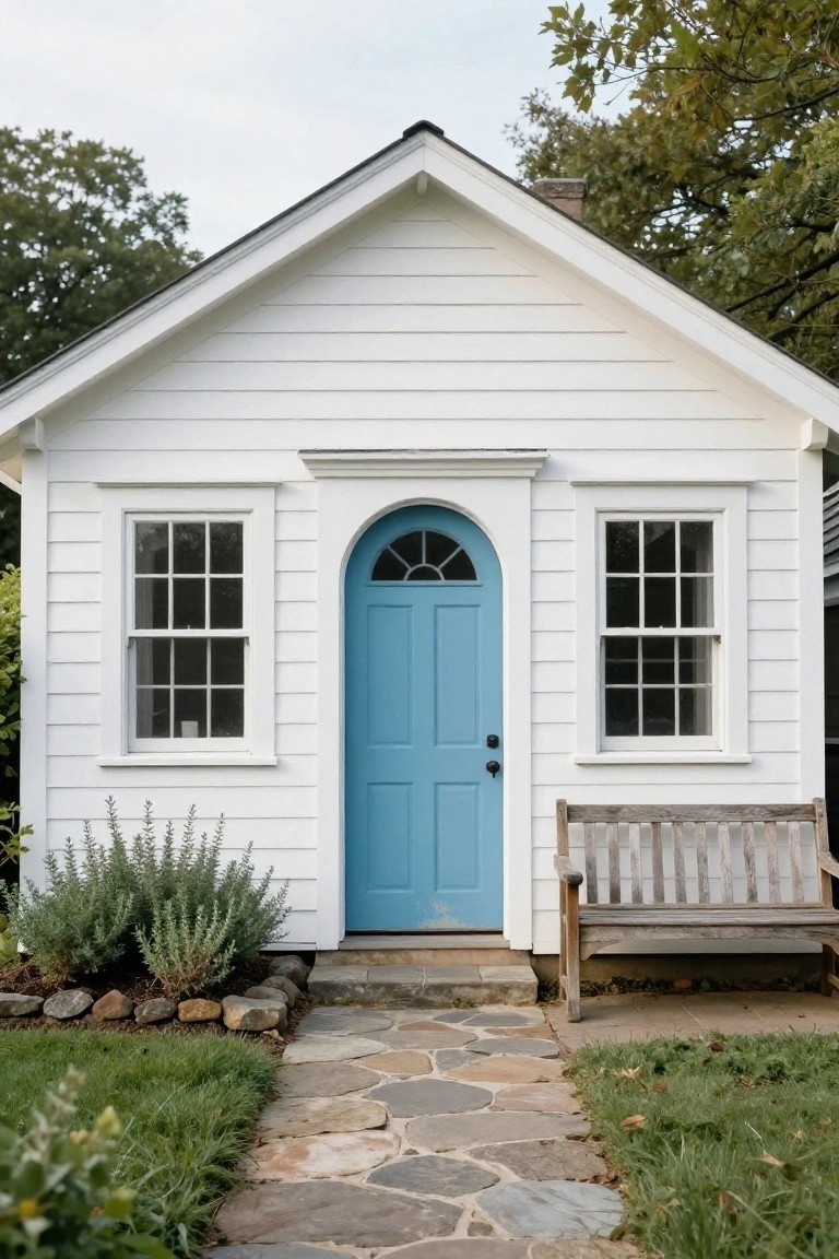 Small white clapboard house with turquoise arched front door, flanked by double-hung windows, wooden bench to the side, stone pathway leading up, and low garden plantings.