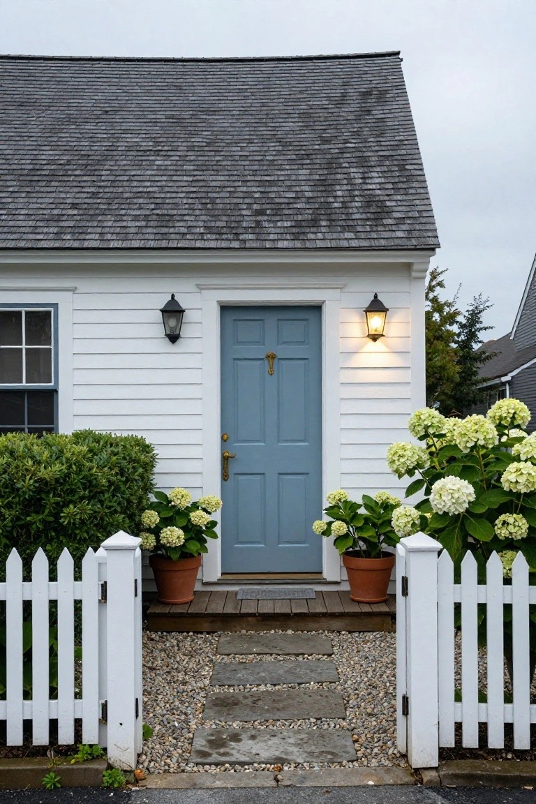 White clapboard house with blue front door, brass knocker and knob, flanked by black lanterns, hydrangea plants in terracotta pots, boxwoods, white picket fence, and stone step path.