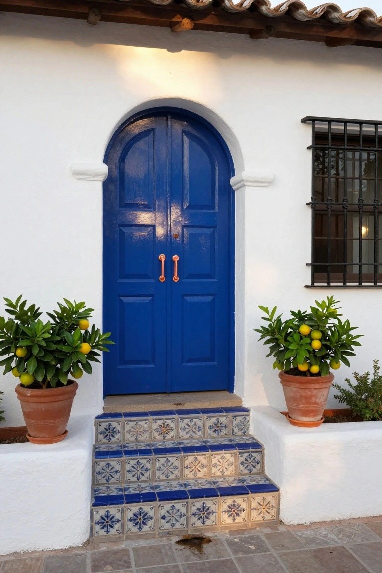 White stucco house facade featuring a glossy blue arched double door with copper handles, flanked by terracotta pots of lemon trees, leading to blue-and-white tiled steps, with a barred window to the side.