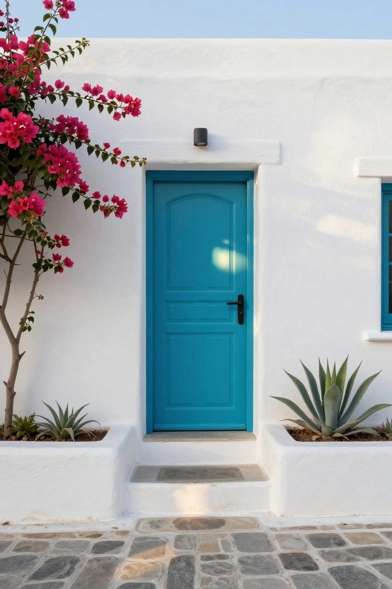 White stucco house with turquoise blue arched front door, black lantern light above, potted agave plants on either side, pink bougainvillea vine climbing the wall, and stone pebble pathway in front.