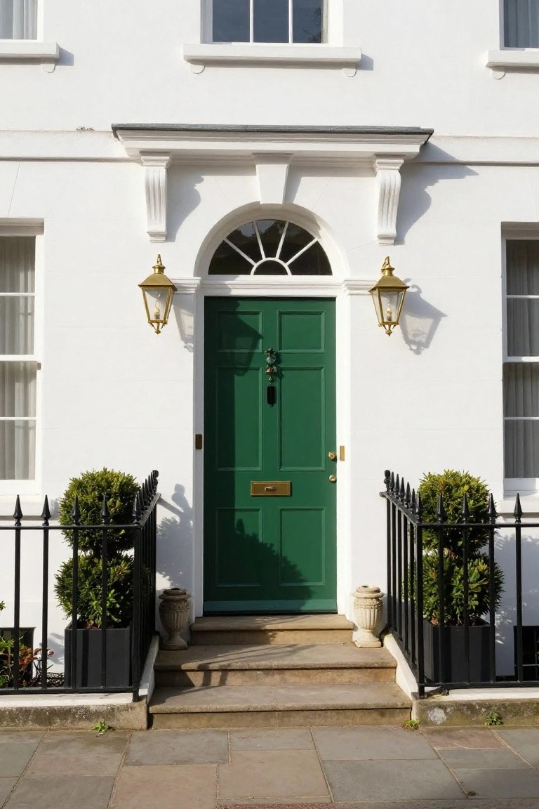 White house facade with dark green paneled front door, brass knocker and letterbox, flanked by gold lanterns, black iron railings holding boxwood shrubs in black pots, stone steps leading to the entry.
