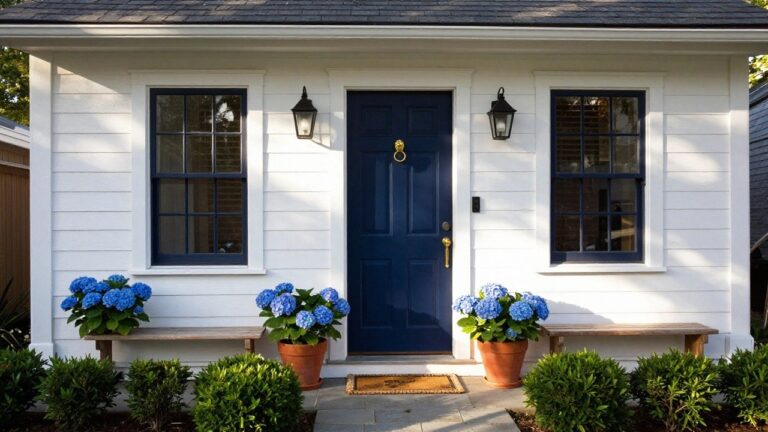 White clapboard house exterior featuring a navy blue paneled front door with gold knocker and knob, flanked by potted blue hydrangeas on a slate porch steps under a covered entryway.
