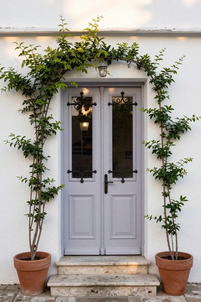 Light gray double front door with wrought iron handles on a white stucco house exterior, framed by climbing vines and flanked by potted green plants in terracotta pots on stone steps.
