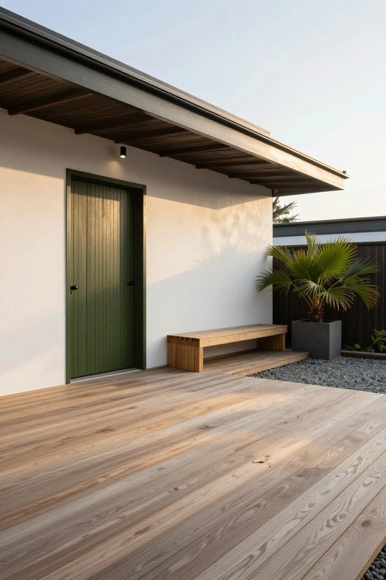 White stucco house wall with tall green slatted wooden door, black knob and wall light, wooden bench on light wood deck, potted palm in gray pot, gravel ground, and dark fence.
