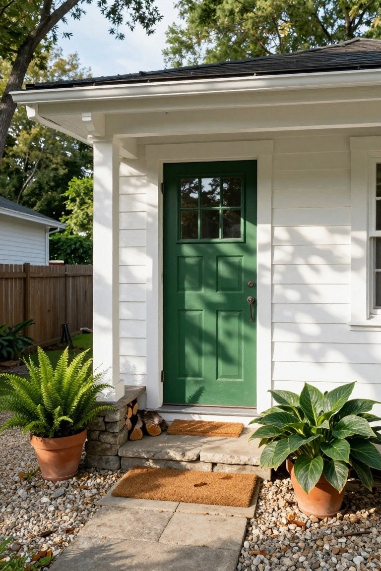 White clapboard house exterior with dark green paneled front door featuring nine glass panes, stone steps, doormat, firewood stack, and potted ferns and hostas on gravel beside a fence.