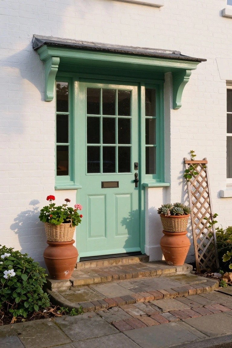 White brick house exterior featuring a mint green paneled front door with nine glass panes under a matching green porch overhang, flanked by terracotta and wicker pots with plants, wooden trellis with vines on the right, and brick entry steps.