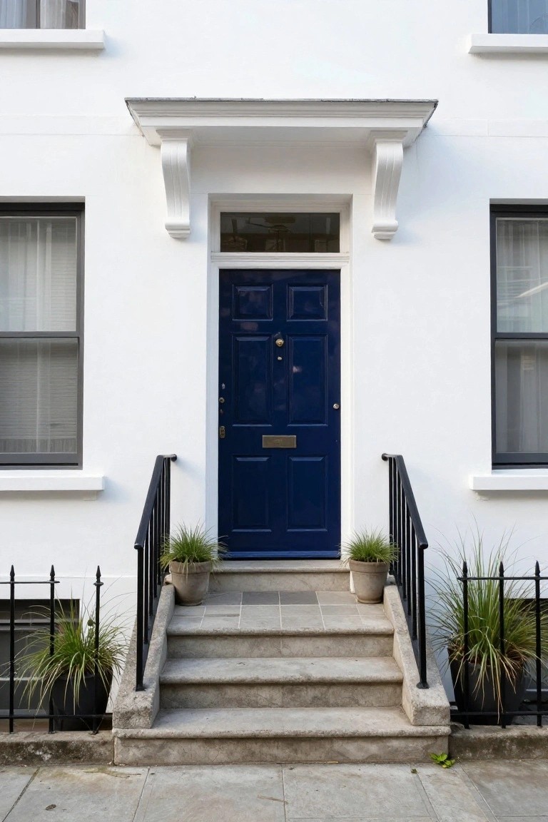 White stucco terraced house facade featuring a dark blue paneled front door with brass knocker, flanked by sash windows, stone steps with black iron railing, and potted grasses.