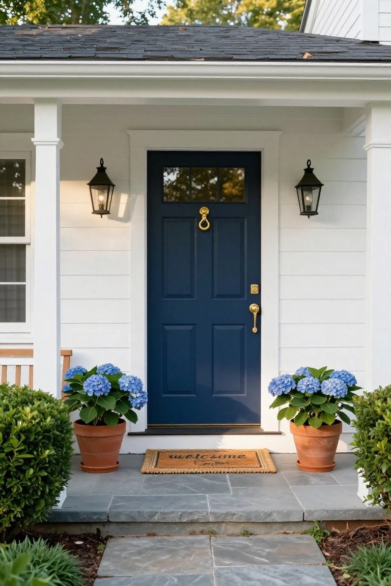 White clapboard house exterior featuring a navy blue paneled front door with gold knocker and knob, flanked by potted blue hydrangeas on a slate porch steps under a covered entryway.