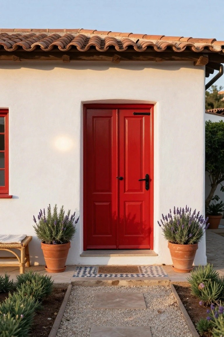 White stucco house exterior featuring red double front doors, flanked by lavender plants in terracotta pots, with a gravel pathway and patterned tile steps at the entry.