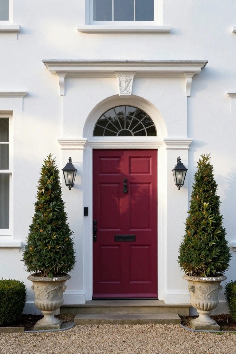 White house facade with a red paneled front door under an arched fanlight window, flanked by black lanterns and stone urns holding topiary trees, on a gravel driveway.