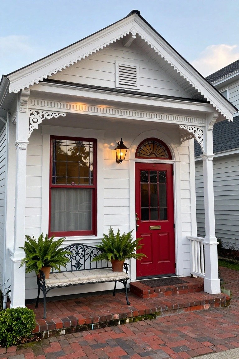 Small white clapboard house with decorative trim, red front door with stained glass window and brass knocker, porch bench flanked by potted ferns, brick steps and path.