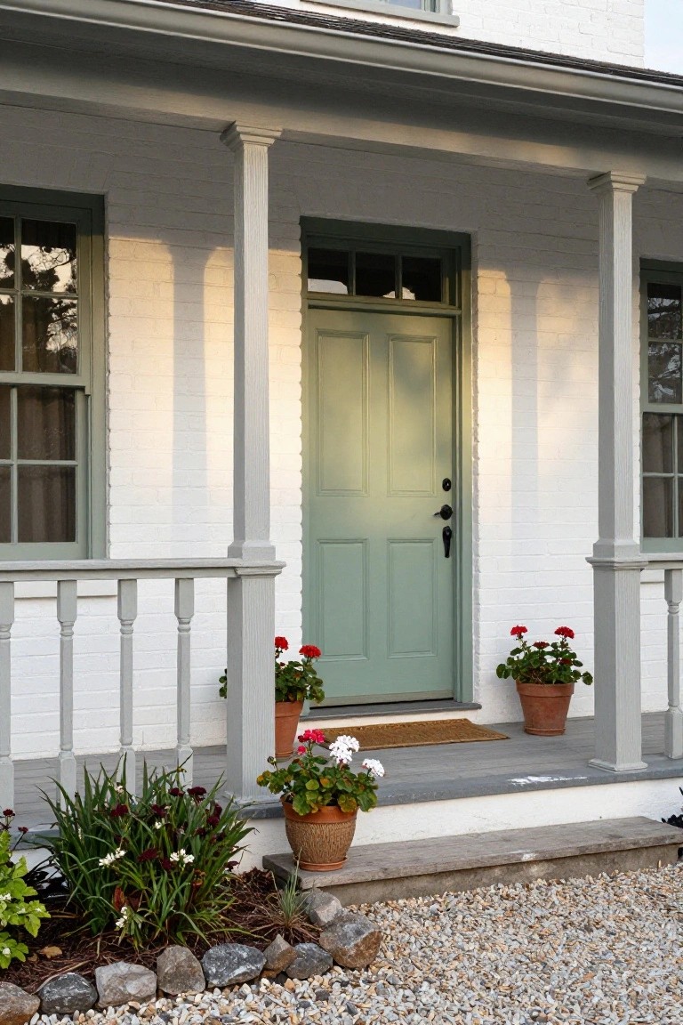 White brick house with sage green paneled front door on a covered porch supported by white columns, flanked by terracotta pots of red geraniums, gravel path, and low plantings in front.