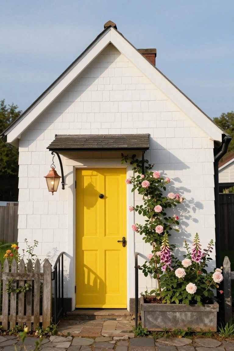 White shingled cottage with bright yellow double front door under a small overhang, pink climbing roses on the wall, foxgloves and roses in a metal planter, copper lantern light, black metal gate, and stone path.