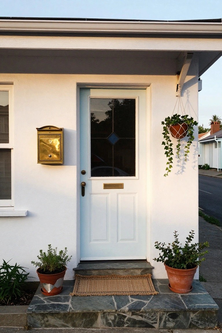 White Front Door with Potted Plants