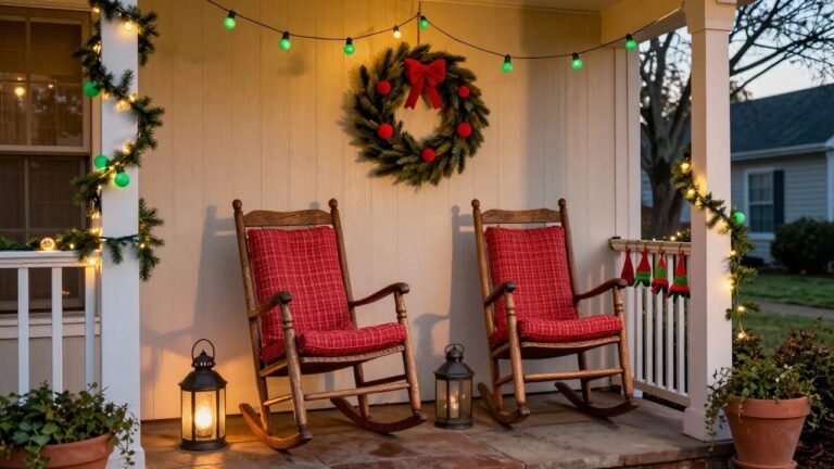 Front porch of a white clapboard house with two wooden rocking chairs, one holding a green Grinch plush toy with red hat, green bulb string lights and pine garland overhead, red berry wreath on the door, red knit hat ornament, black lantern with candle on the floor, and potted plant nearby.