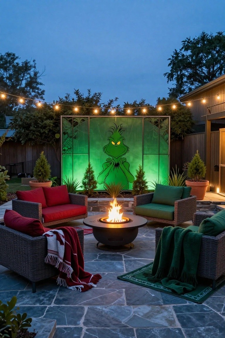 Backyard patio at twilight with large green-lit Grinch face on a framed screen backdrop, red loveseat and green chairs around a round gas fire pit on slate pavers, string lights overhead, potted plants, and trees nearby.