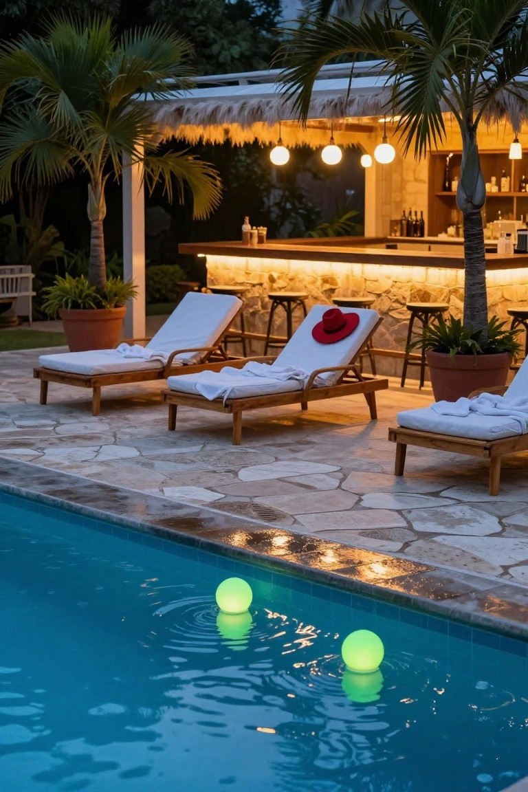 Nighttime outdoor pool with two green glowing balls floating in the blue water, wooden lounge chairs on stone pavers, thatched-roof bar with warm globe lights, and surrounding palm trees.