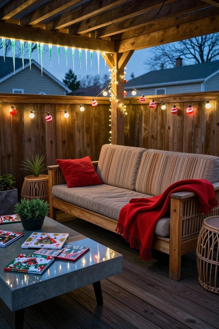 Wooden pergola-covered deck at dusk featuring green icicle lights hanging from beams, multicolored string lights with red and white ornaments on a wooden fence, beige outdoor sofa with red pillows and blanket, potted plants, rattan stool, and Christmas-themed books on a concrete coffee table.