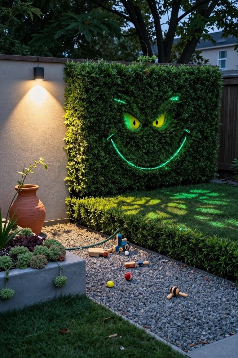 Backyard hedge wall trimmed and outlined with green LED lights to form the Grinch's face with glowing eyes and smile, next to a gravel path, potted plants, and scattered children's toys on grass.