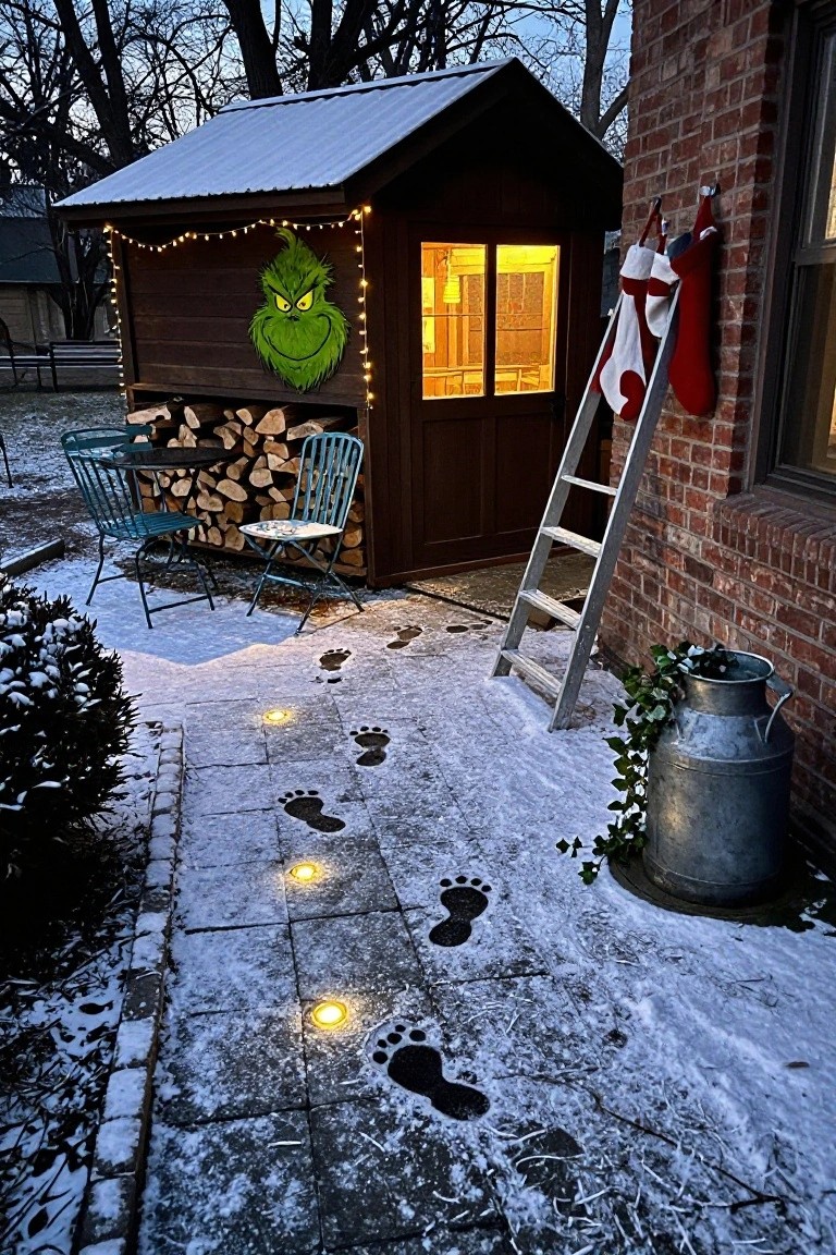 Snowy backyard scene with wooden garden shed decorated with Grinch face cutout and string lights, firewood stack beside blue chairs, ladder leaning on brick house wall with Christmas stockings, milk can planter, and large footprint impressions along illuminated stone pathway.