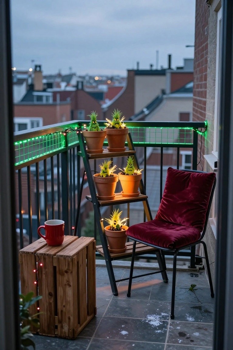 Balcony viewed from inside at dusk with green LED lights along the black metal railing and mesh panels, terracotta pots of spiky plants on a black metal shelving unit, wooden crate side table holding a red mug, purple velvet chair, and city buildings in the background.