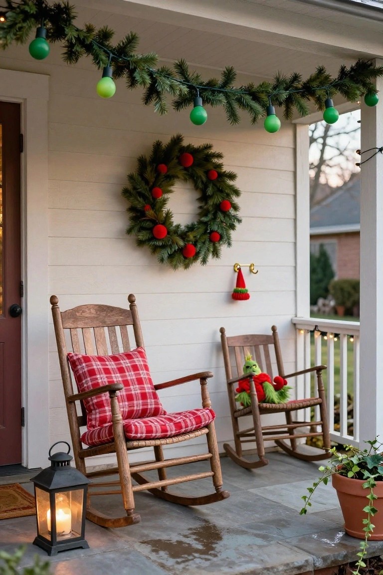 Front porch of a white clapboard house with two wooden rocking chairs, one holding a green Grinch plush toy with red hat, green bulb string lights and pine garland overhead, red berry wreath on the door, red knit hat ornament, black lantern with candle on the floor, and potted plant nearby.