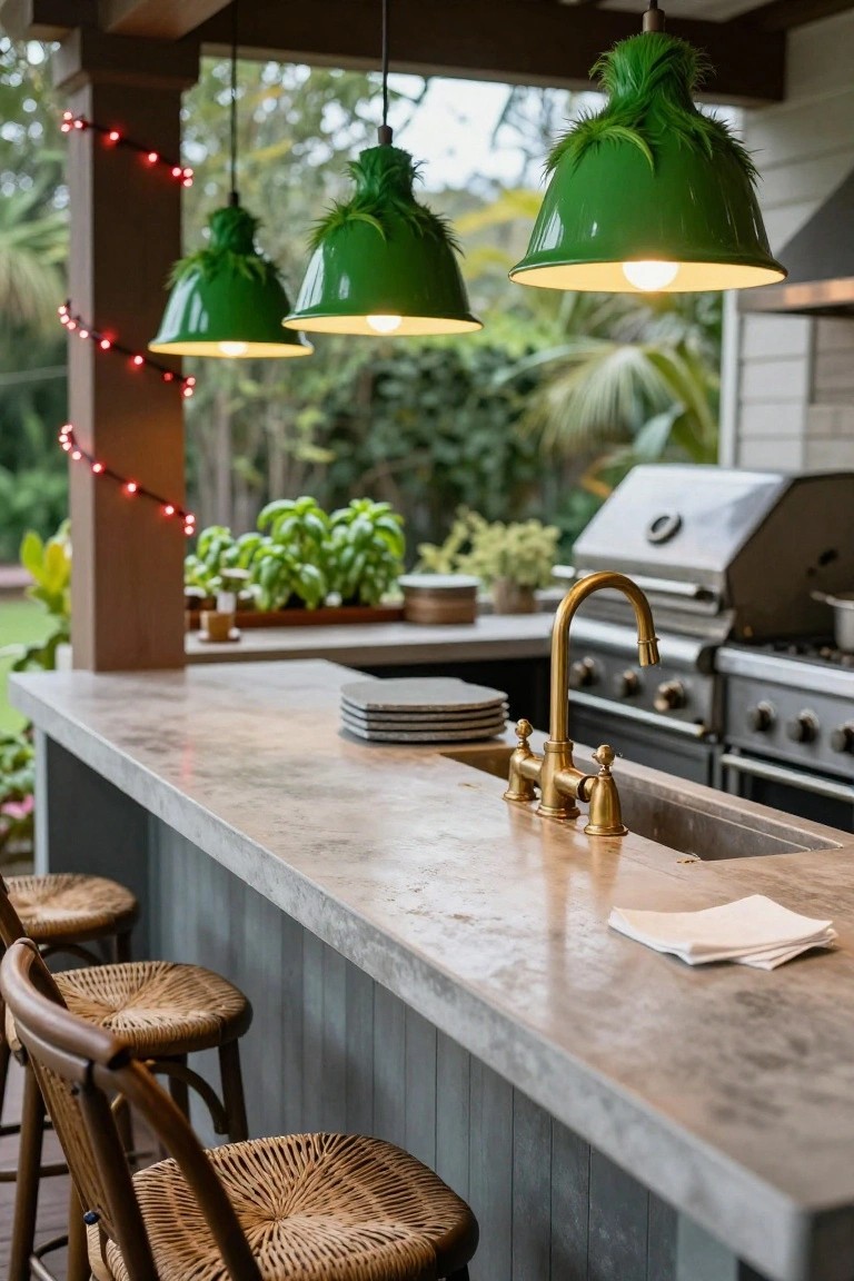 Outdoor kitchen bar under a wooden pergola with three green cone-shaped pendant lights topped with green feather accents hanging above a concrete countertop, gold faucet and sink, rattan bar stools, built-in grill, potted herbs, and surrounding greenery with red string lights.