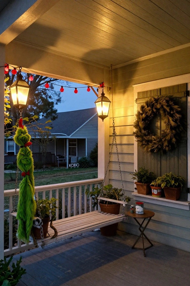Front porch at dusk with a large green Grinch plush hanging from chains next to a wooden porch swing, red string lights overhead, two hanging lanterns, potted plants, a side table, and a wheat wreath on the shuttered door.