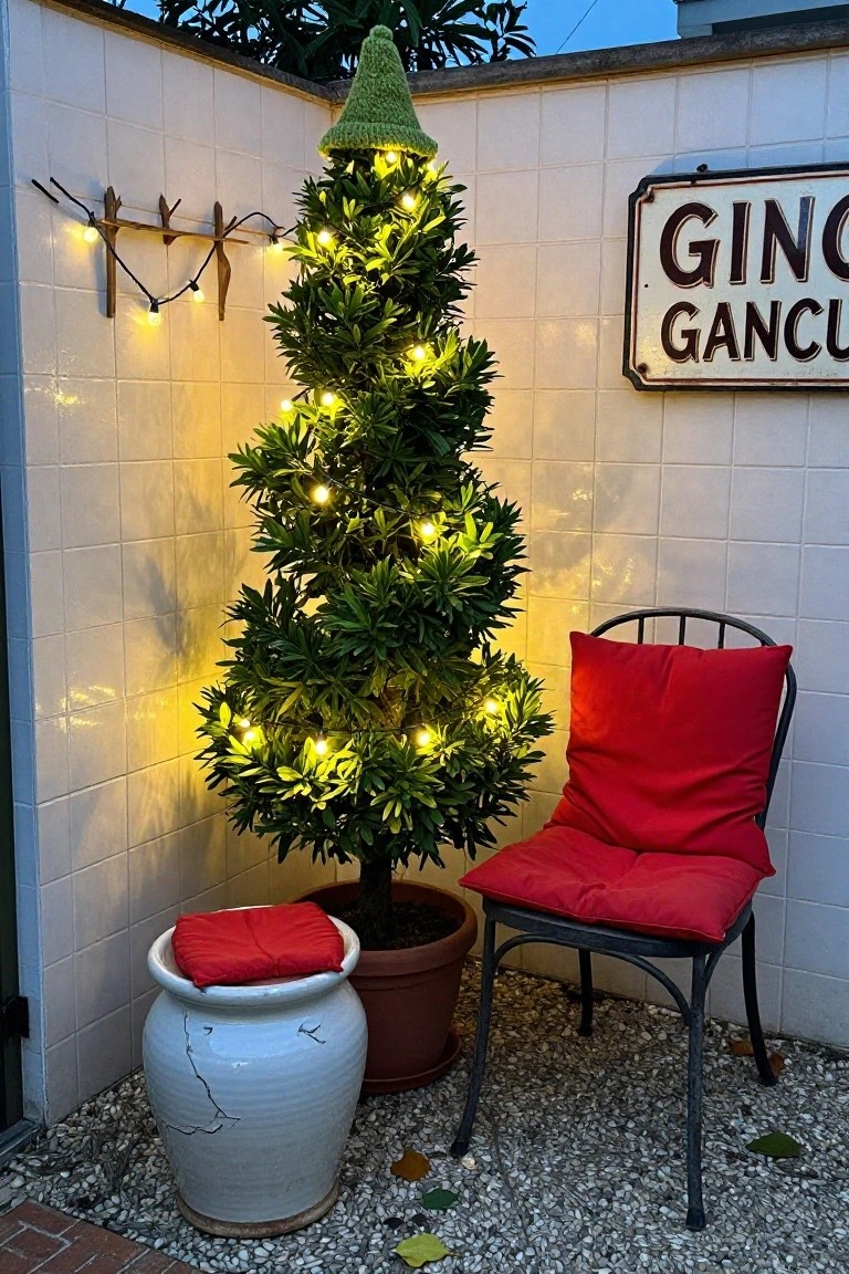 Potted small evergreen tree topped with green knit hat and wrapped in white string lights stands in outdoor corner with white tiled walls, red cushioned metal chair nearby, white pot stool with red cushion, wood shelf with lights, and metal sign reading GINGO GANCU over gravel ground.