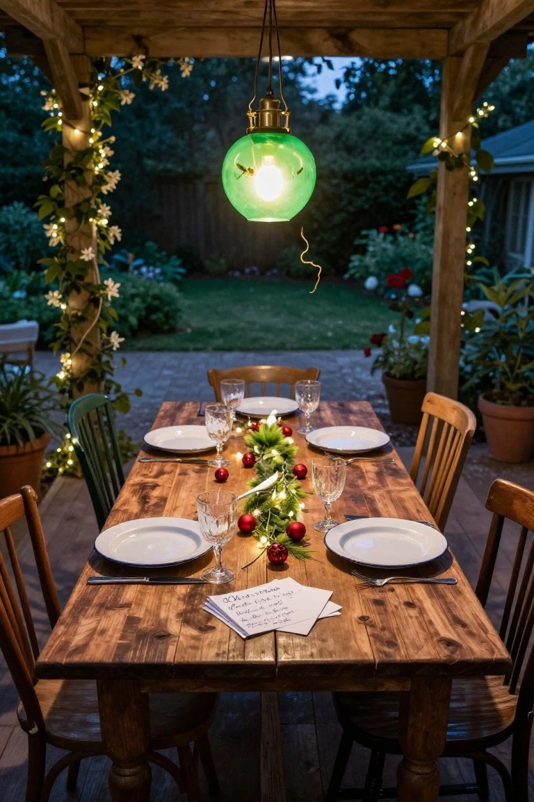 Outdoor dining table set with plates, glasses, greenery, and a green hanging light.