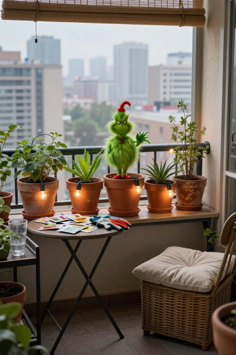 Balcony with potted plants wrapped in small string lights, a standing Grinch plush toy in the center, a folding table holding cards and a glass, a cushioned chair nearby, and a city skyline view through bamboo blinds.