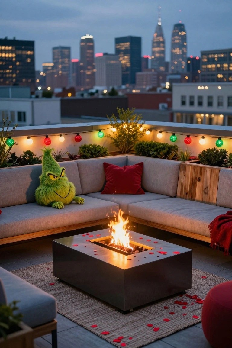 Rooftop terrace at dusk with L-shaped gray outdoor sofa holding green Grinch plush toy, central black square fire table with flames, string lights with colored globes, potted plants, red pillows and pouf, beige rug, and blurred city skyline background.
