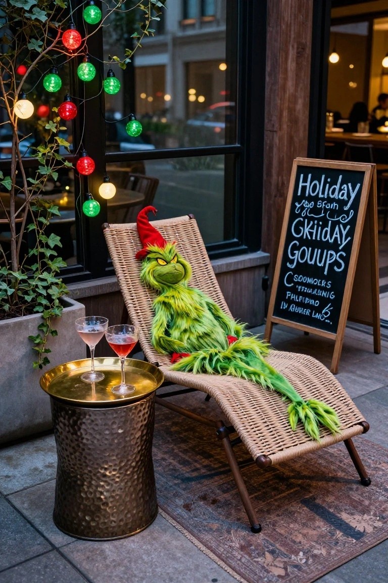 Large green Grinch plush toy lounging on rattan chair outdoors next to cafe window with string lights, ivy plants, gold side table holding two glasses of rose wine, and chalkboard sign advertising holiday happy hour.