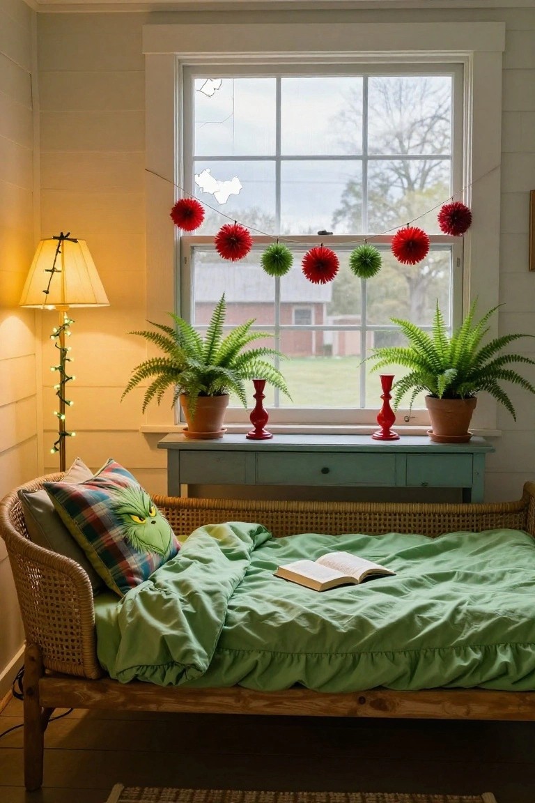 Cozy interior room with a wicker daybed draped in green bedding and plaid pillows including one with Grinch face, floor lamp wrapped in string lights, ferns in pots on windowsill console with red candles, red and green pom-pom garlands over window showing yard view.