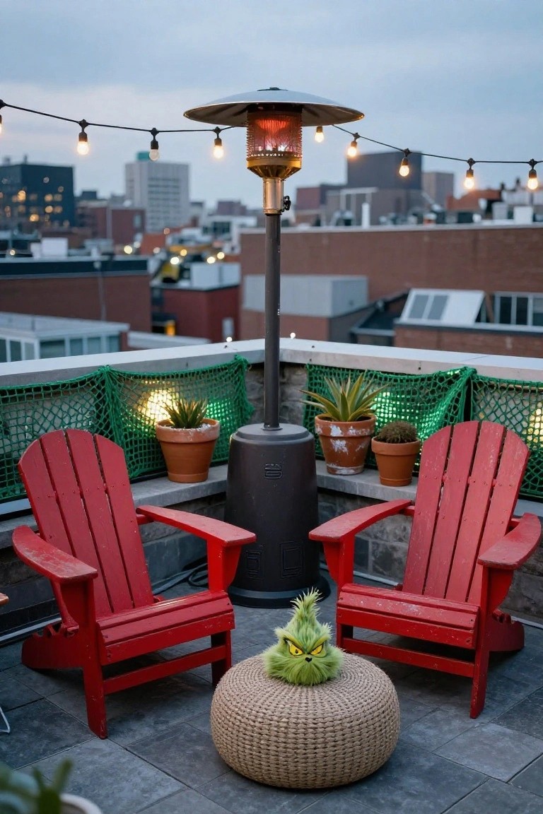Rooftop terrace featuring two red Adirondack chairs facing each other with a Grinch plush toy on a woven ottoman between them, a patio heater, potted plants, green safety netting, string lights, and city buildings at dusk.