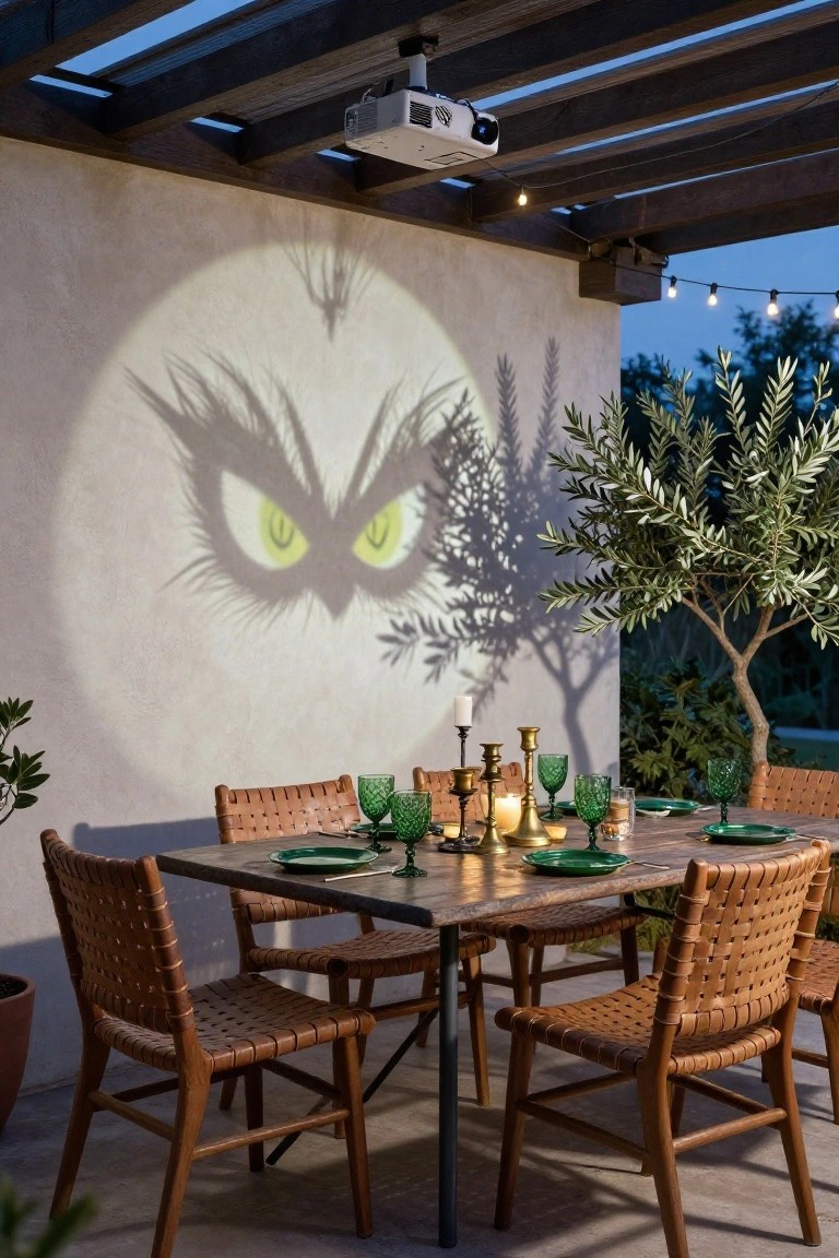 Outdoor dining table on a patio under a wooden pergola with a projector casting large green Grinch eyes onto an adjacent stucco wall, set with wooden chairs, green glassware, candles, string lights, and an olive tree nearby.