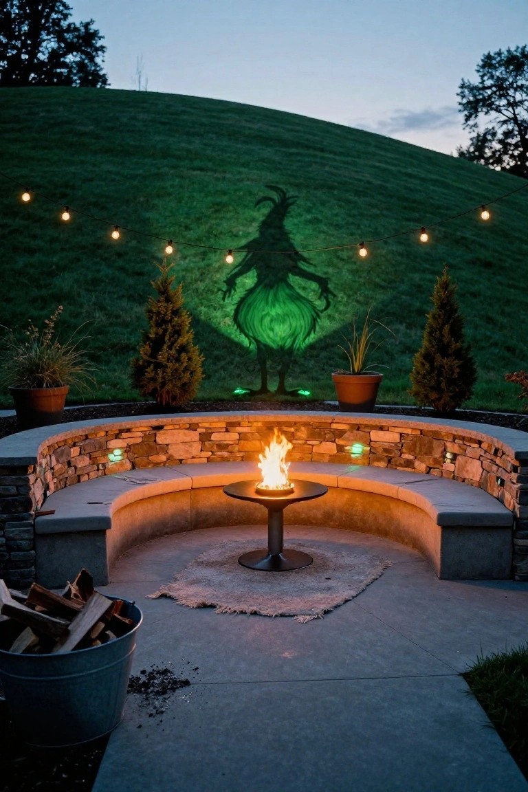 Curved stone bench seating surrounds a central fire pit table on a concrete patio, with a large green Grinch silhouette projected on a grassy hill behind it, string lights strung above, potted plants and trees nearby, firewood bucket at the side.