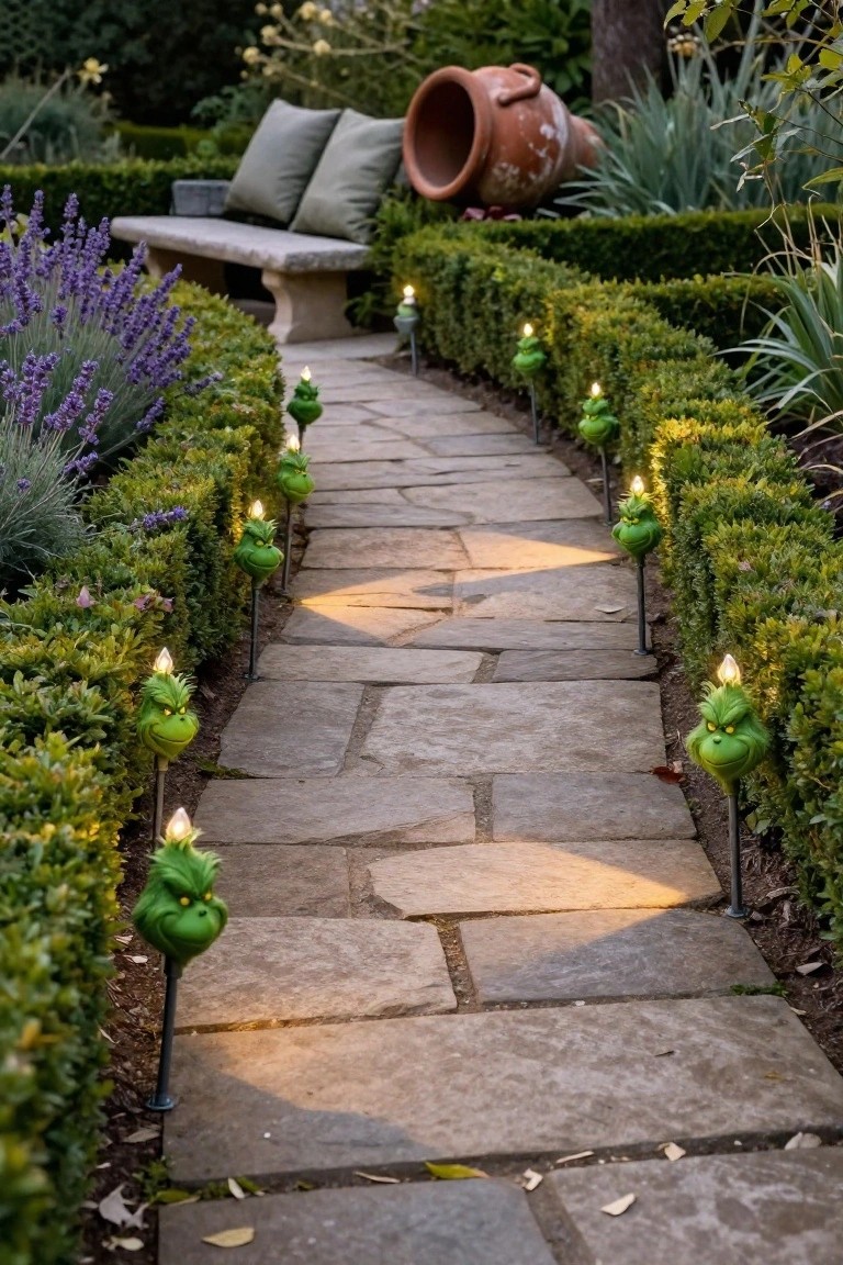 Stone garden path lined with boxwood hedges and Grinch-faced green stake lights emitting soft glows, lavender plants along one side, stone bench and large terracotta pot nearby.