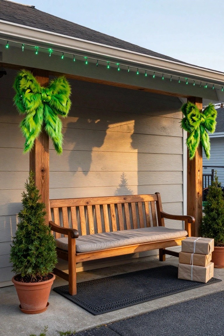 Wooden porch with bench, potted evergreen trees on each side, large green shaggy Grinch-style wreaths hanging from posts, green string lights along eaves, and stacked wrapped boxes on the ground.